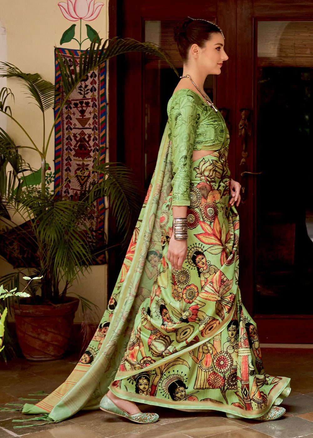 Avocado Green Kalamkari Printed Soft Silk Saree : Top Pick