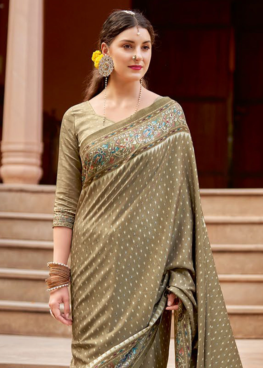 Moss Brown Designer Printed Silk Saree