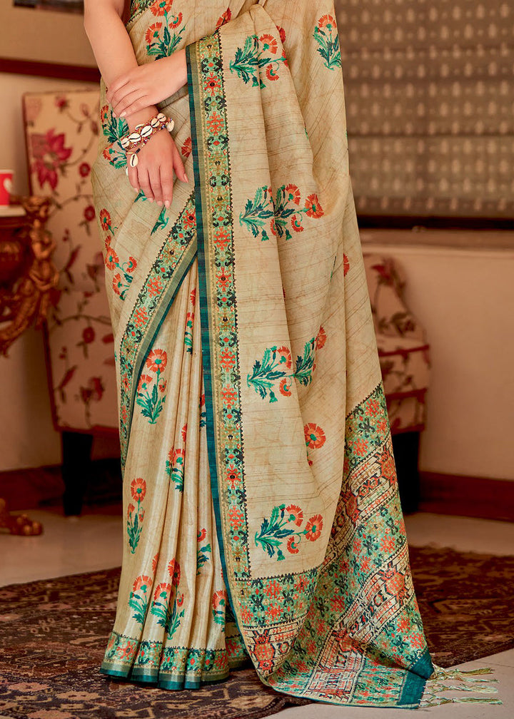 Beige Brown Designer Printed Silk Saree