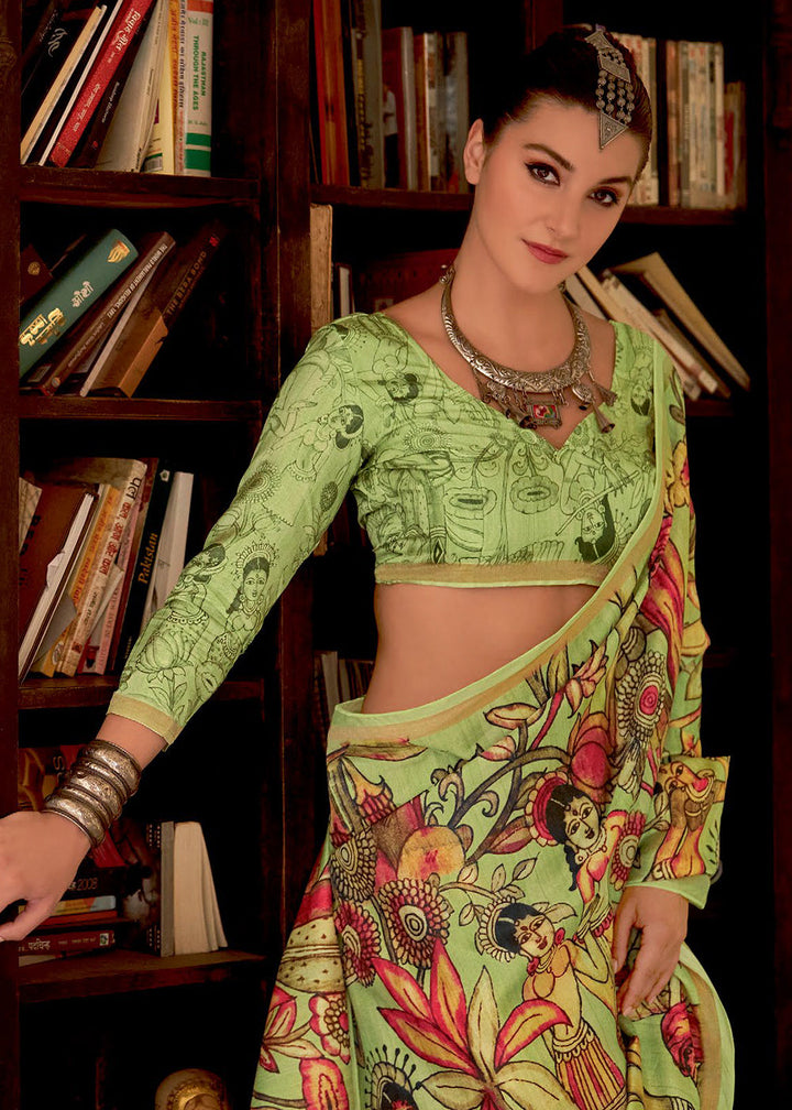 Avocado Green Kalamkari Printed Soft Silk Saree : Top Pick