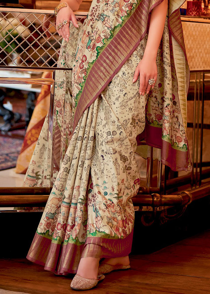 Brown & White Printed Silk Saree