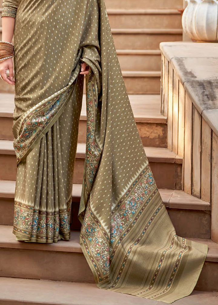 Moss Brown Designer Printed Silk Saree