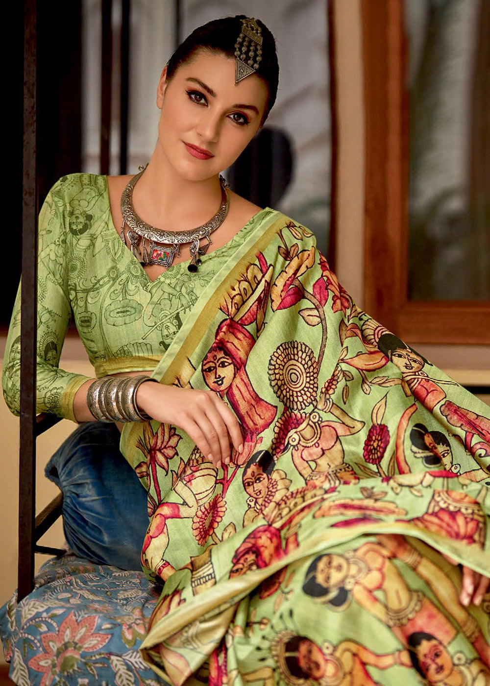 Avocado Green Kalamkari Printed Soft Silk Saree : Top Pick