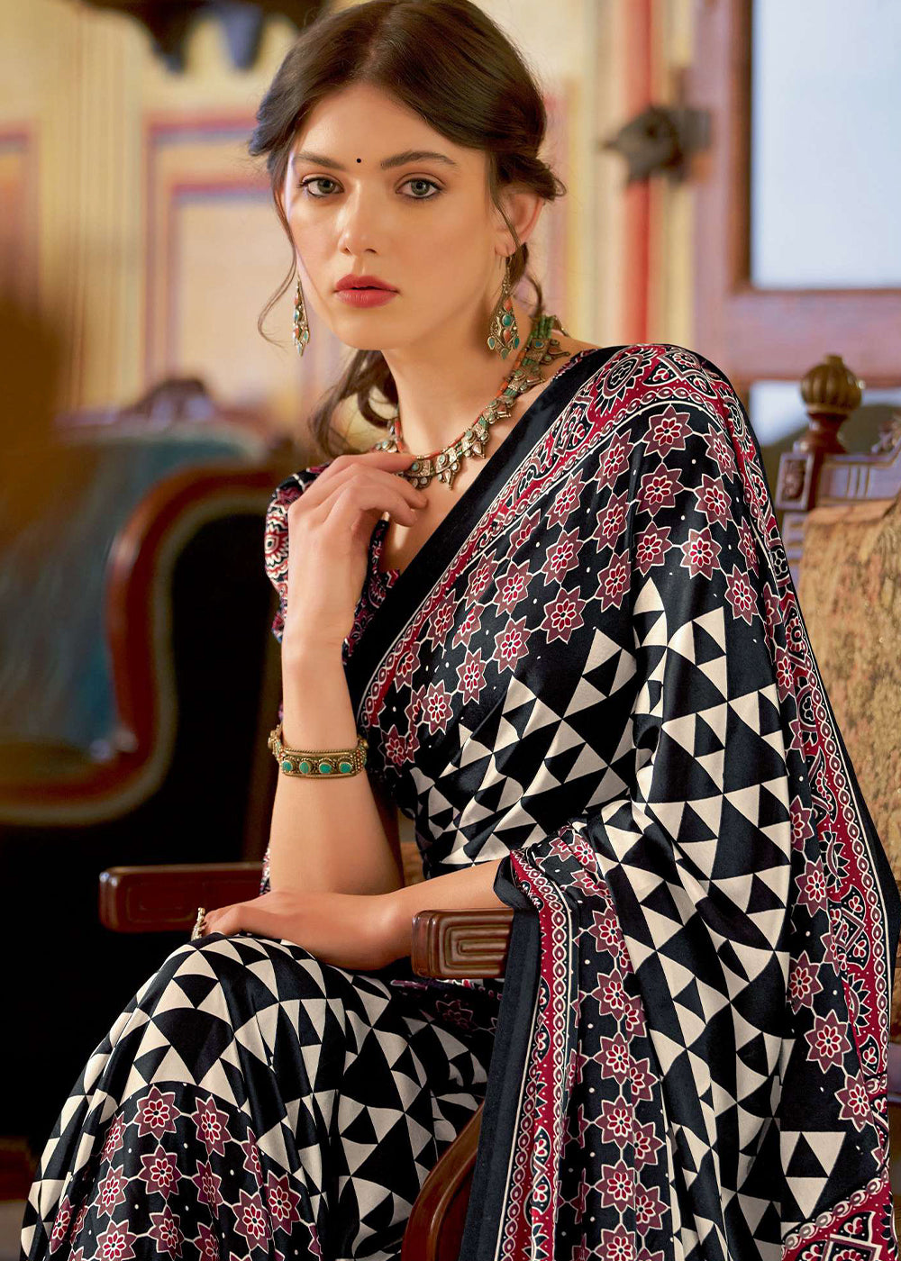 Pebble Black Ajrakh Printed Satin Crepe Saree:Summer Collection