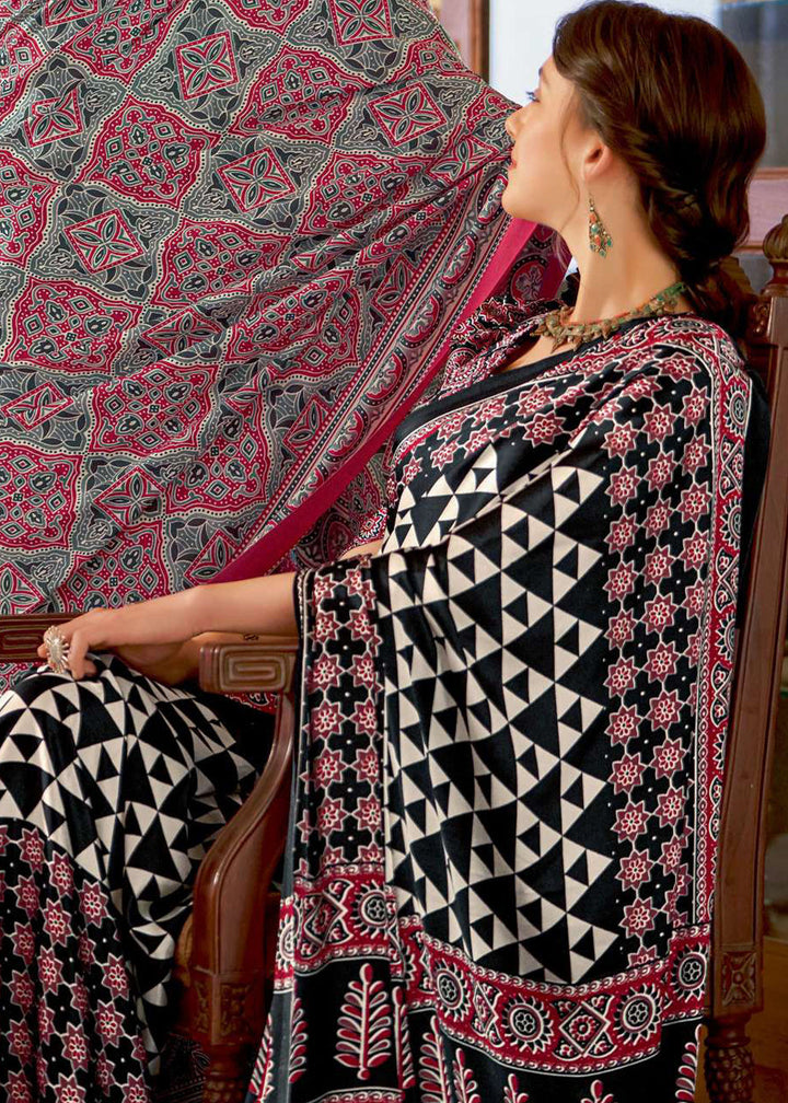 Pebble Black Ajrakh Printed Satin Crepe Saree:Summer Collection