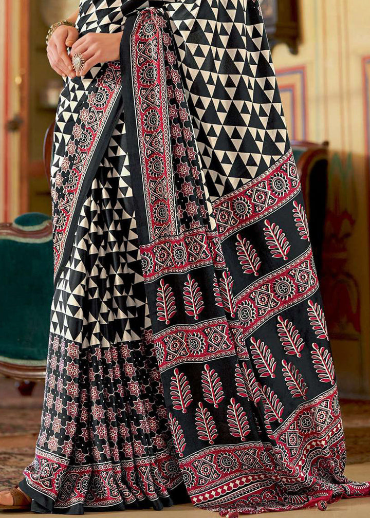 Pebble Black Ajrakh Printed Satin Crepe Saree:Summer Collection