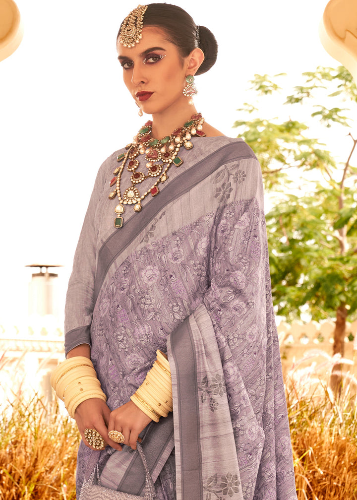 Lilac Purple Khadi Printed Raw Silk Saree