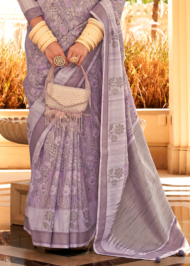 Lilac Purple Khadi Printed Raw Silk Saree