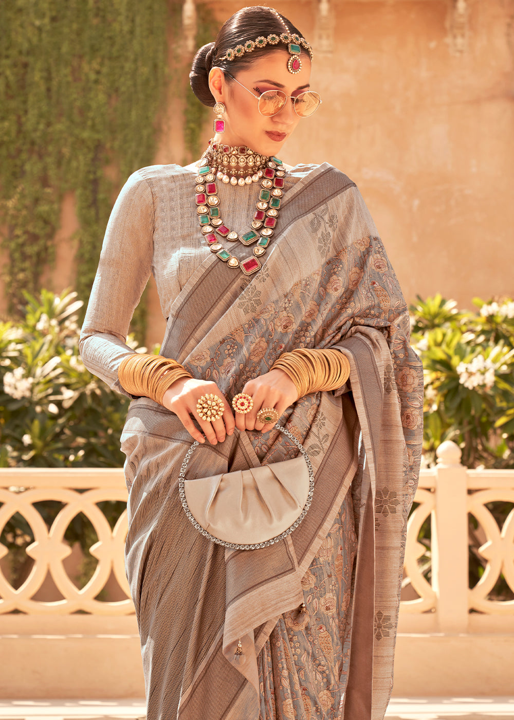 Shades Of Brown Khadi Printed Raw Silk Saree