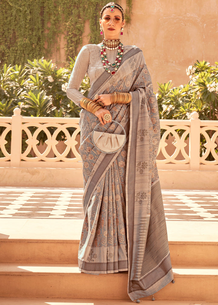 Shades Of Brown Khadi Printed Raw Silk Saree