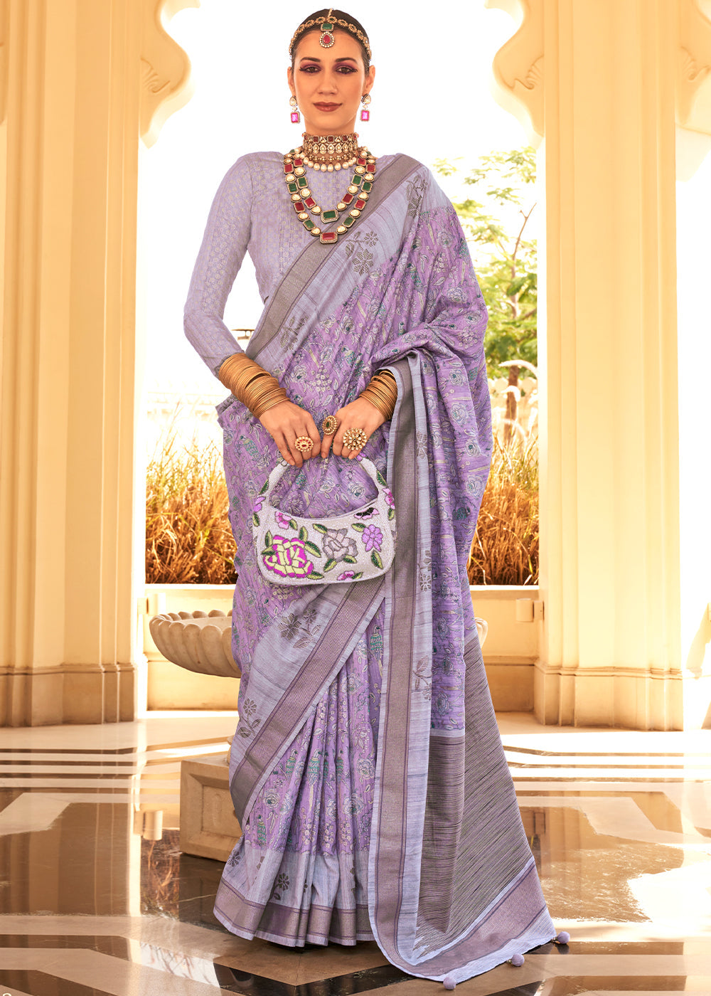 Shades Of Purple Khadi Printed Raw Silk Saree