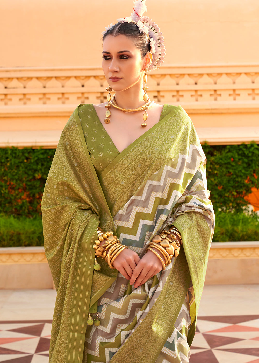 Avocado Green Zari Border Designer Silk Saree