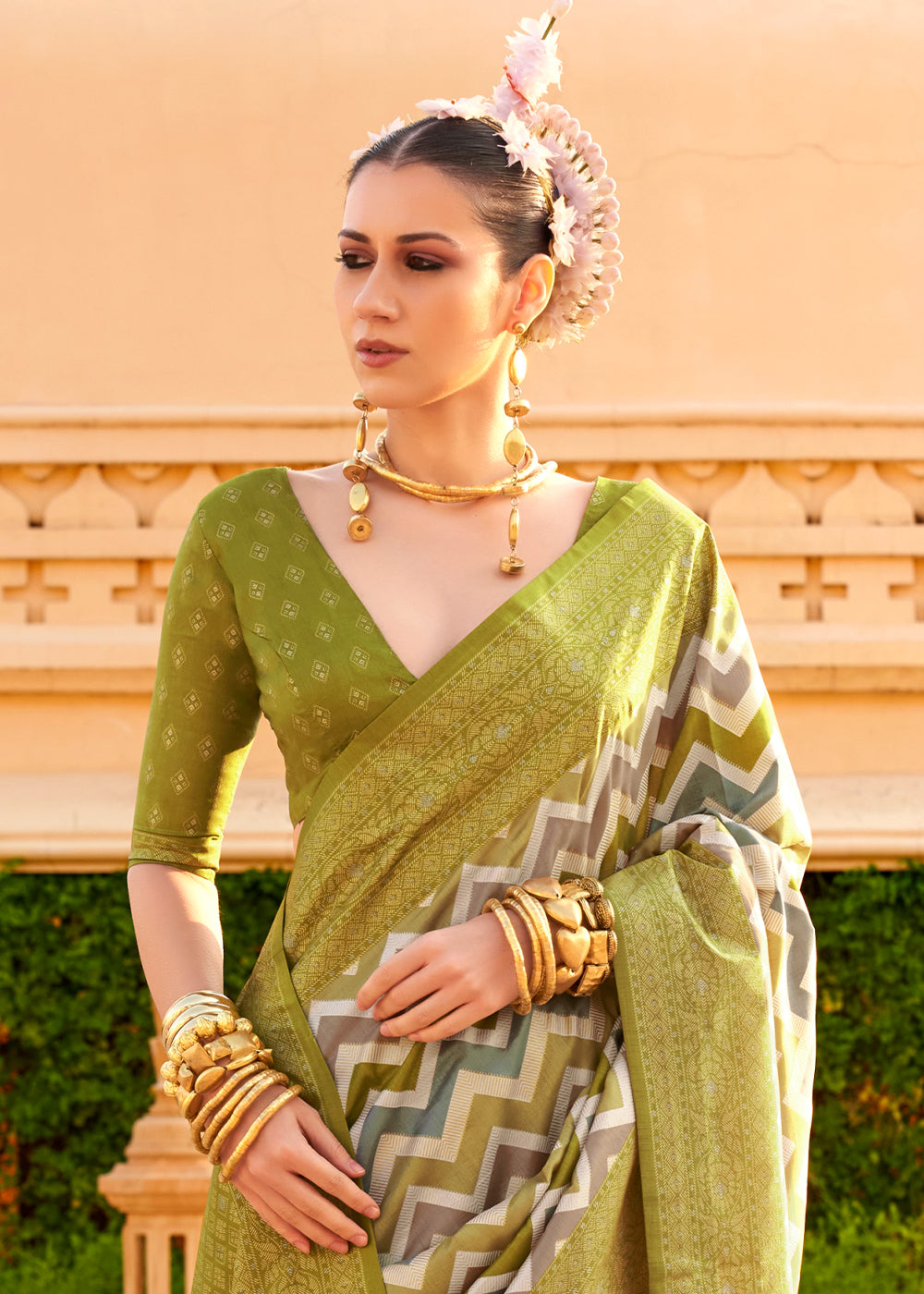 Avocado Green Zari Border Designer Silk Saree