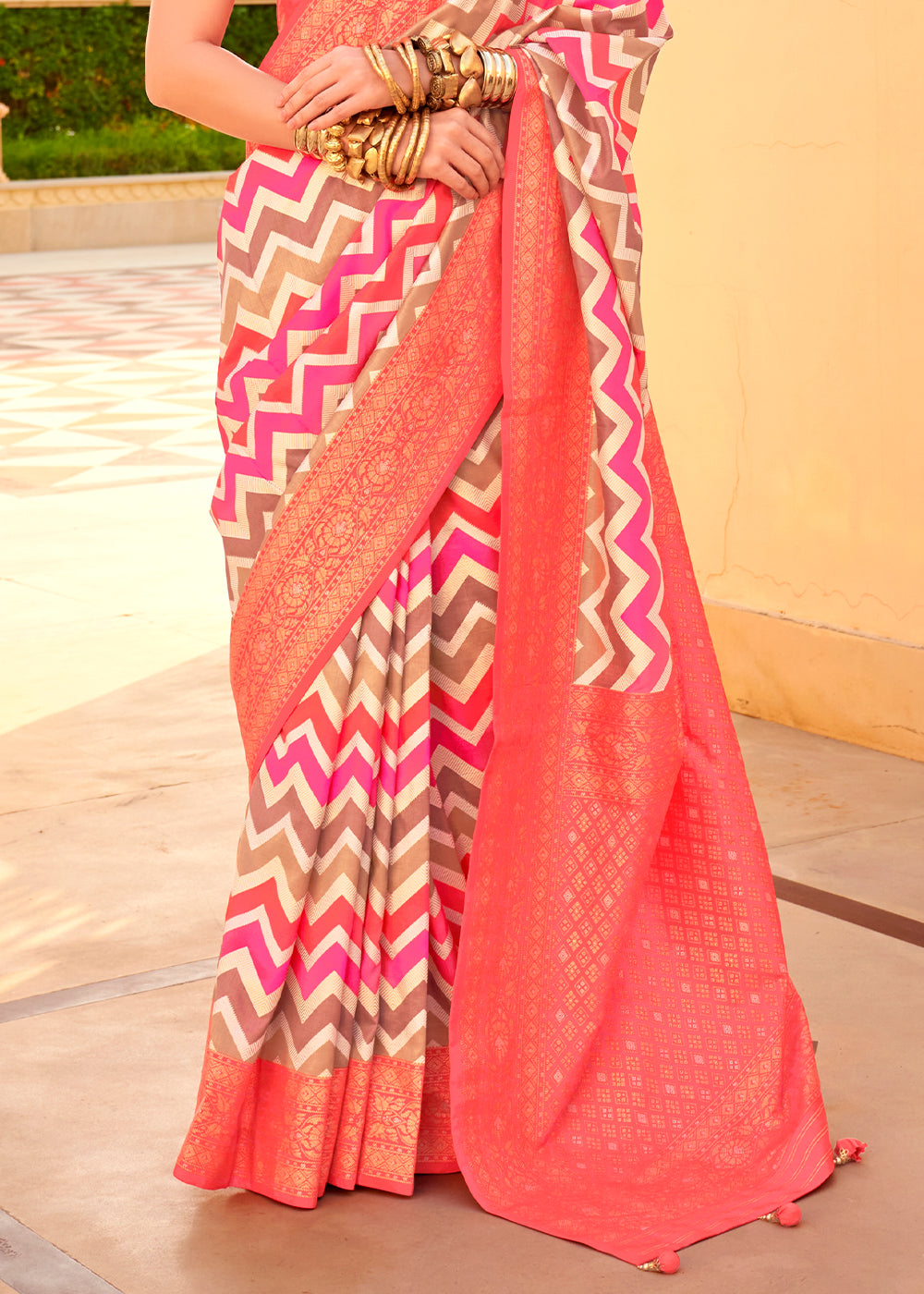 Brink Pink Zari Border Designer Silk Saree