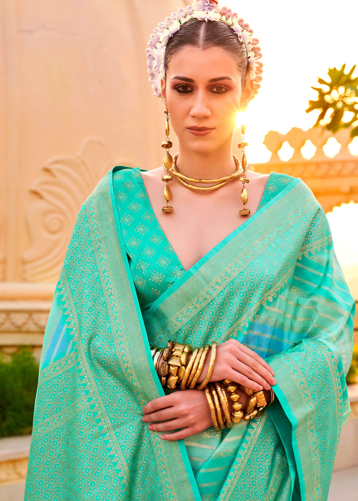 Bright Turquoise Blue Zari Border Designer Silk Saree