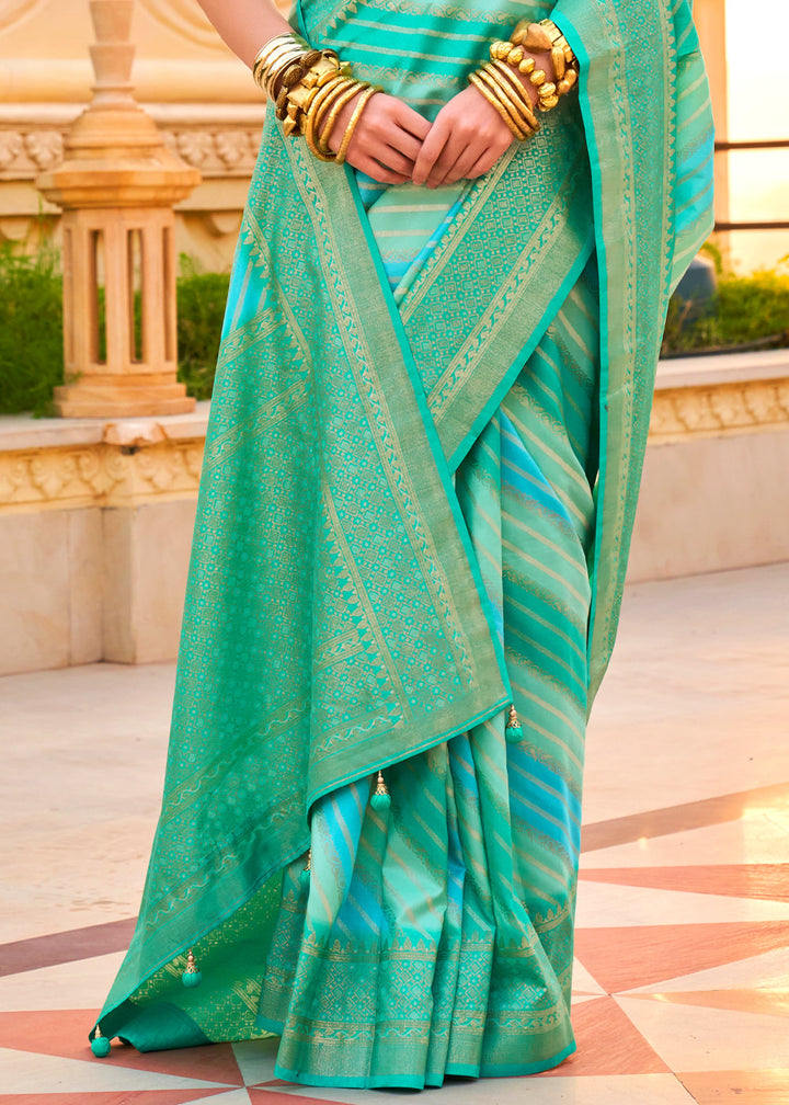 Bright Turquoise Blue Zari Border Designer Silk Saree