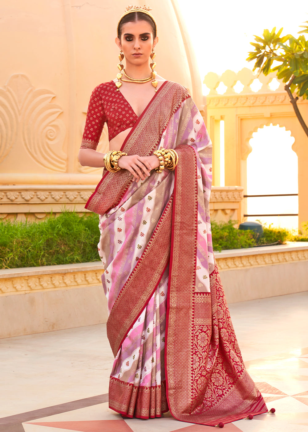 Red & White Zari Border Designer Silk Saree