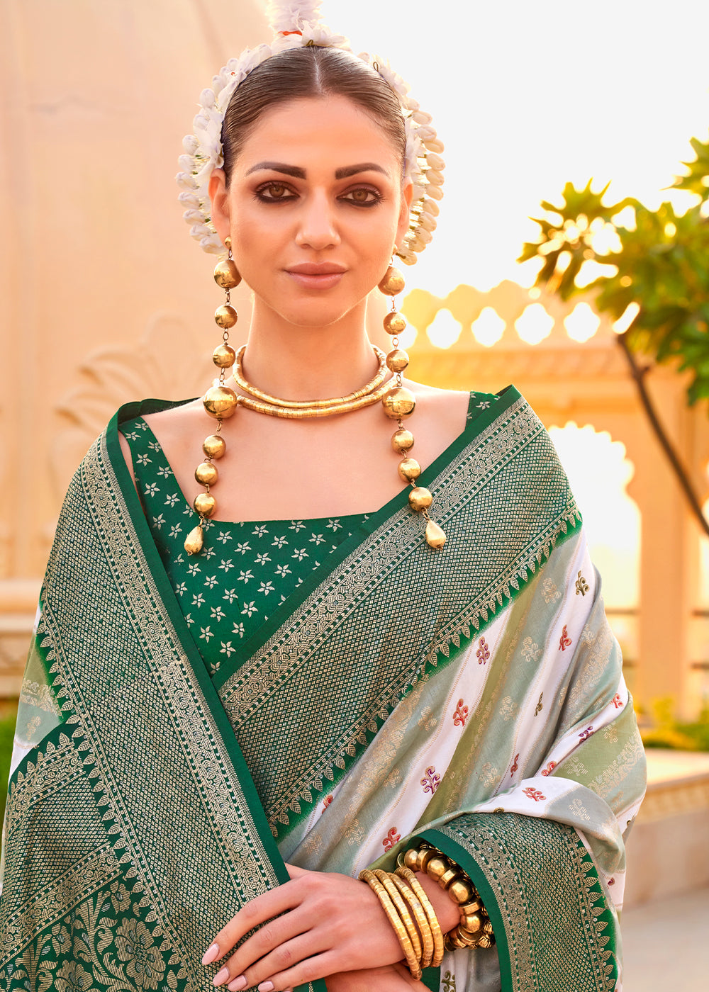 Green & White Zari Border Designer Silk Saree