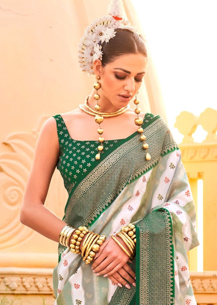 Green & White Zari Border Designer Silk Saree