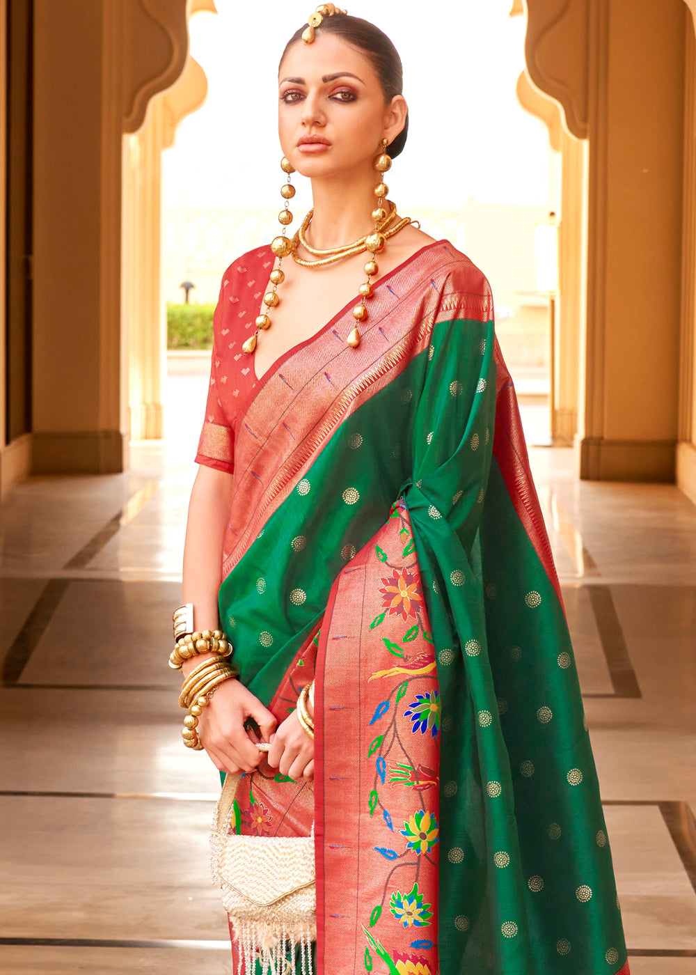 Green & Red Paithani Printed Silk Saree