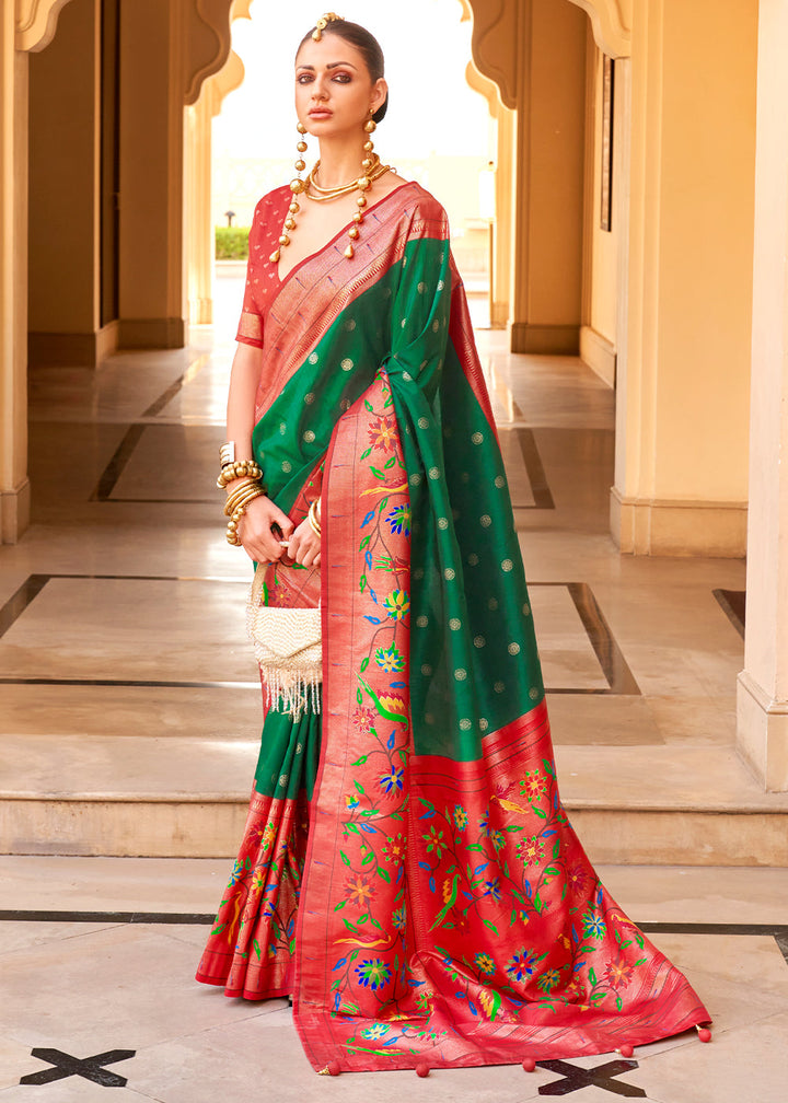 Green & Red Paithani Printed Silk Saree