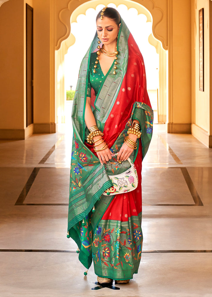 Red & Green Paithani Printed Silk Saree