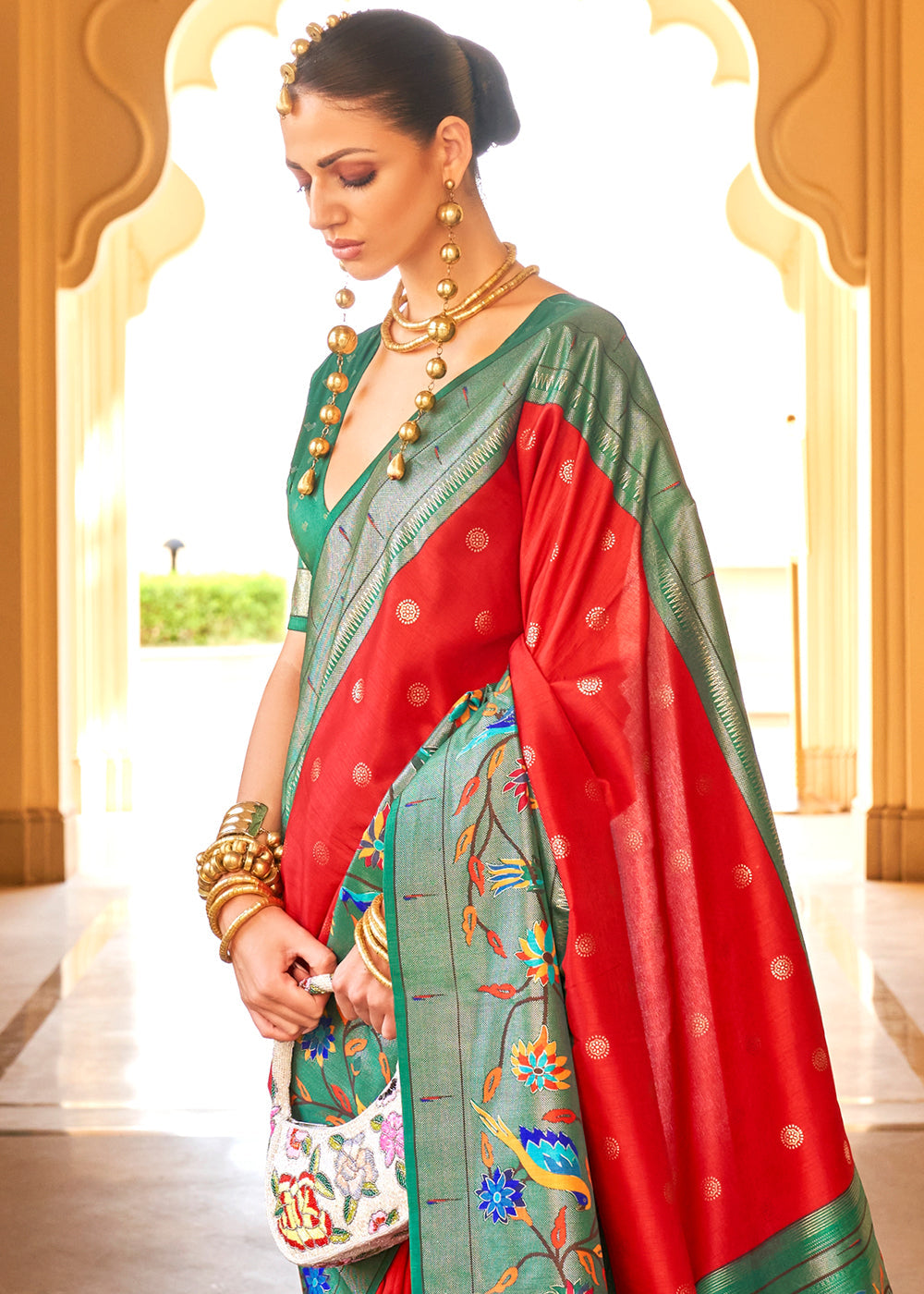 Red & Green Paithani Printed Silk Saree