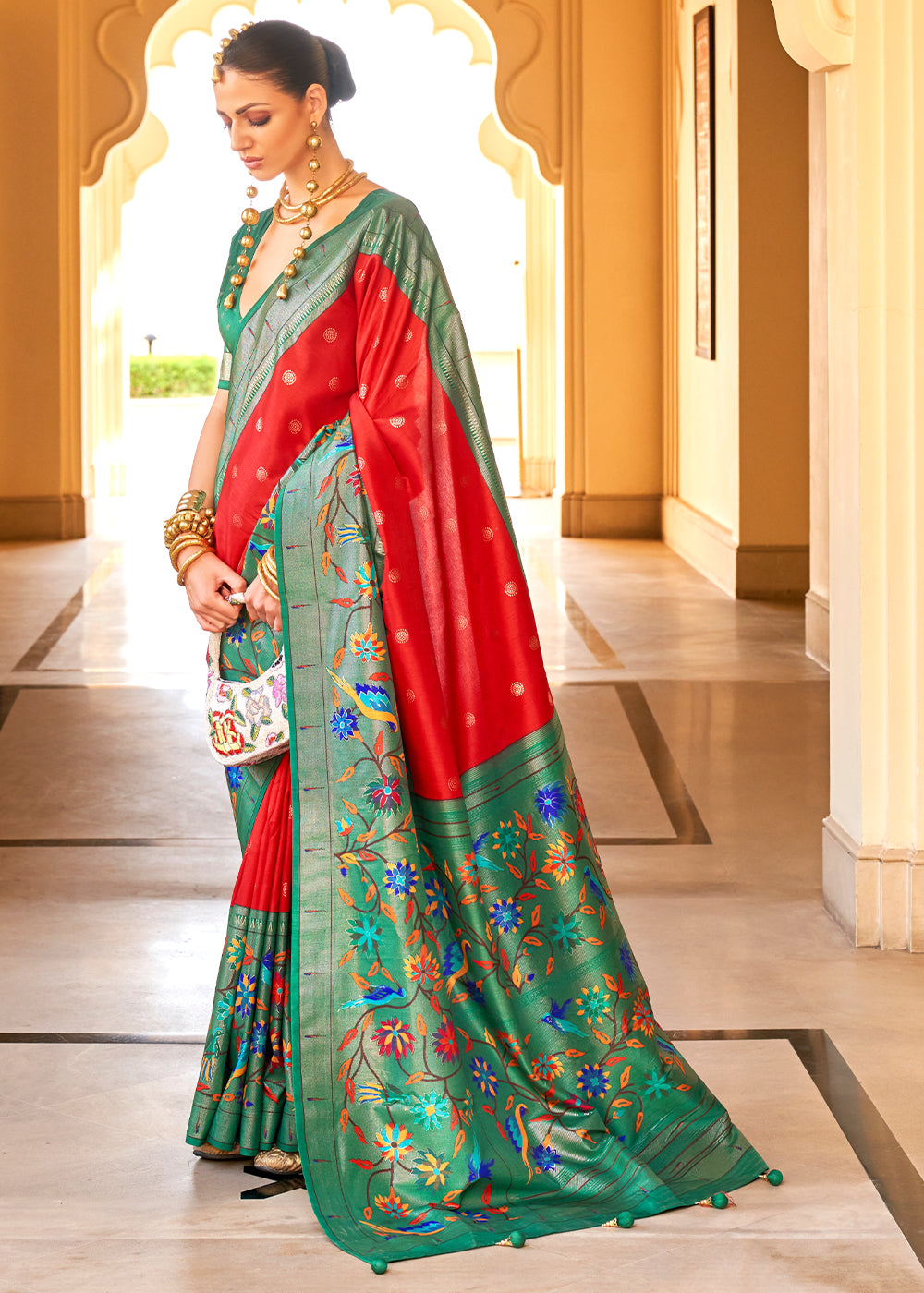 Red & Green Paithani Printed Silk Saree