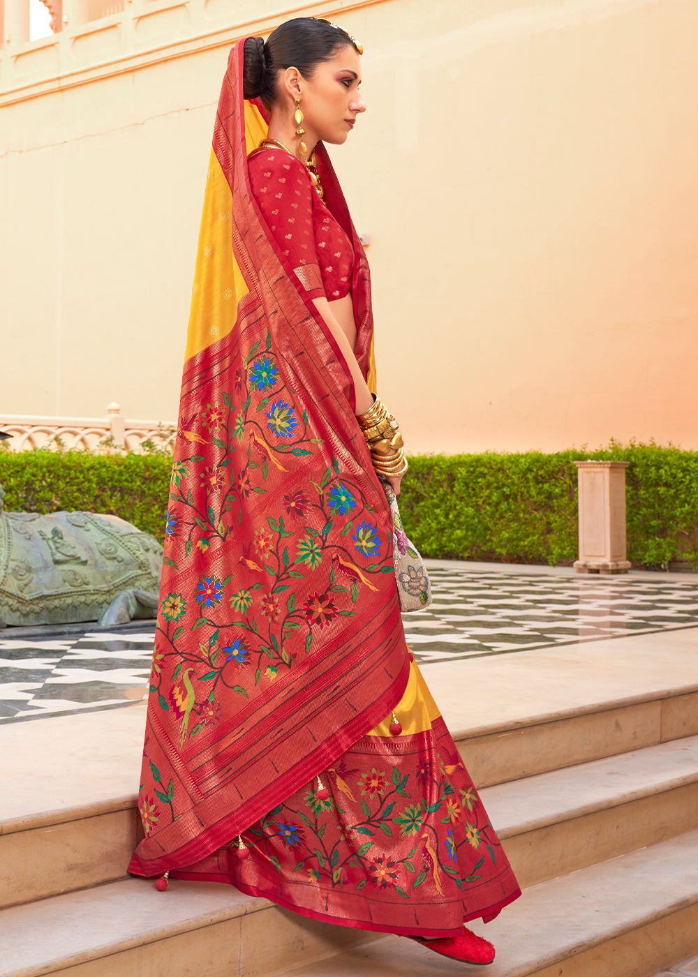 Yellow & Red Paithani Printed Silk Saree