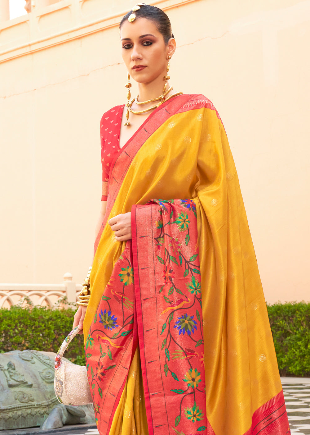 Yellow & Red Paithani Printed Silk Saree