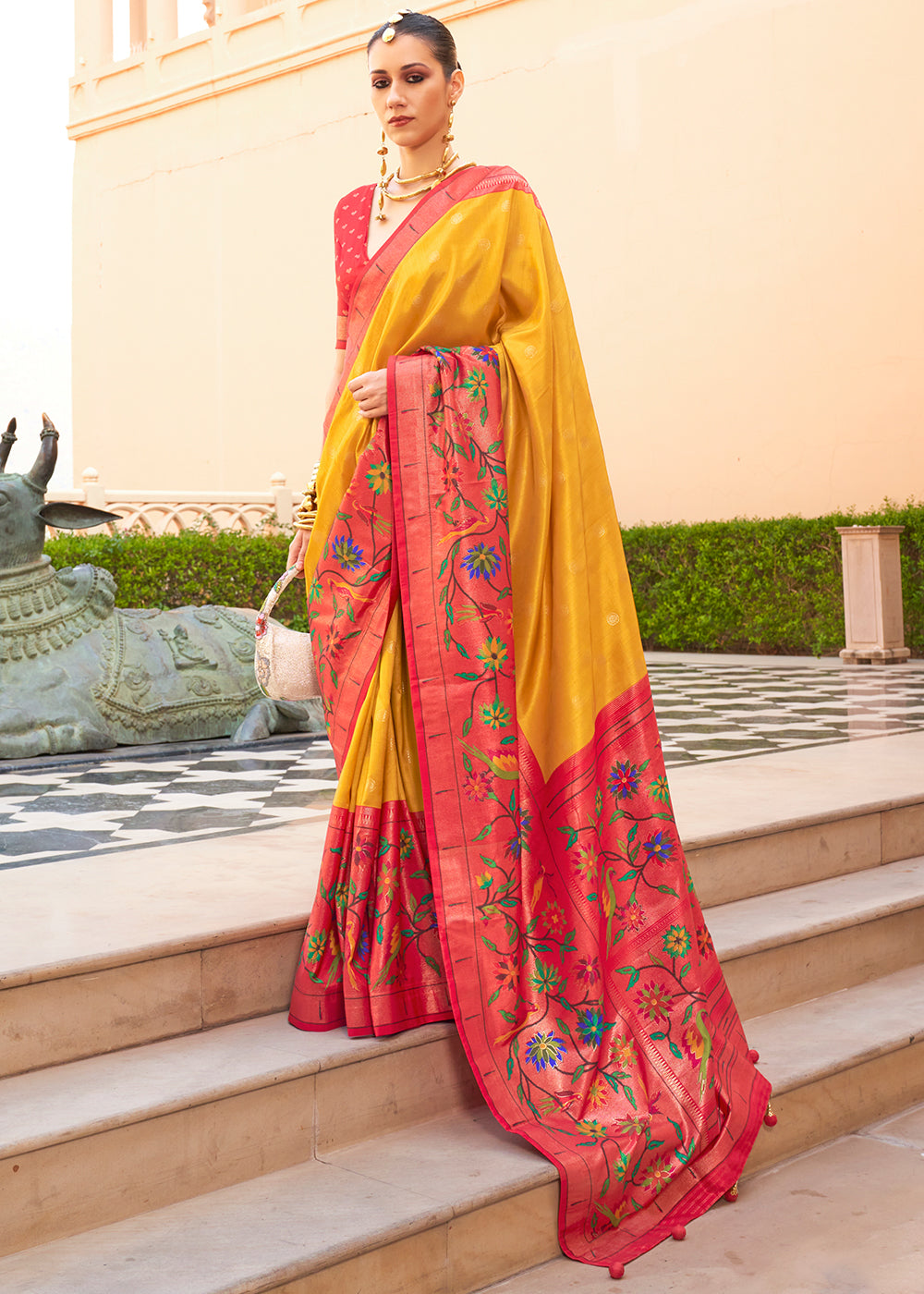 Yellow & Red Paithani Printed Silk Saree