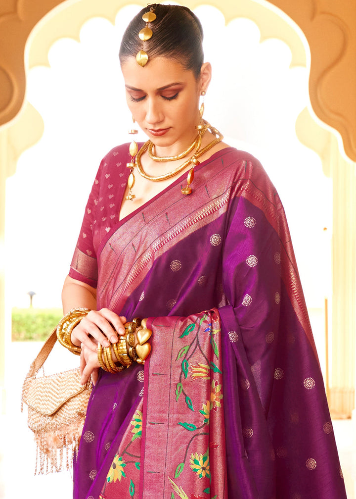 Purple & Pink Paithani Printed Silk Saree