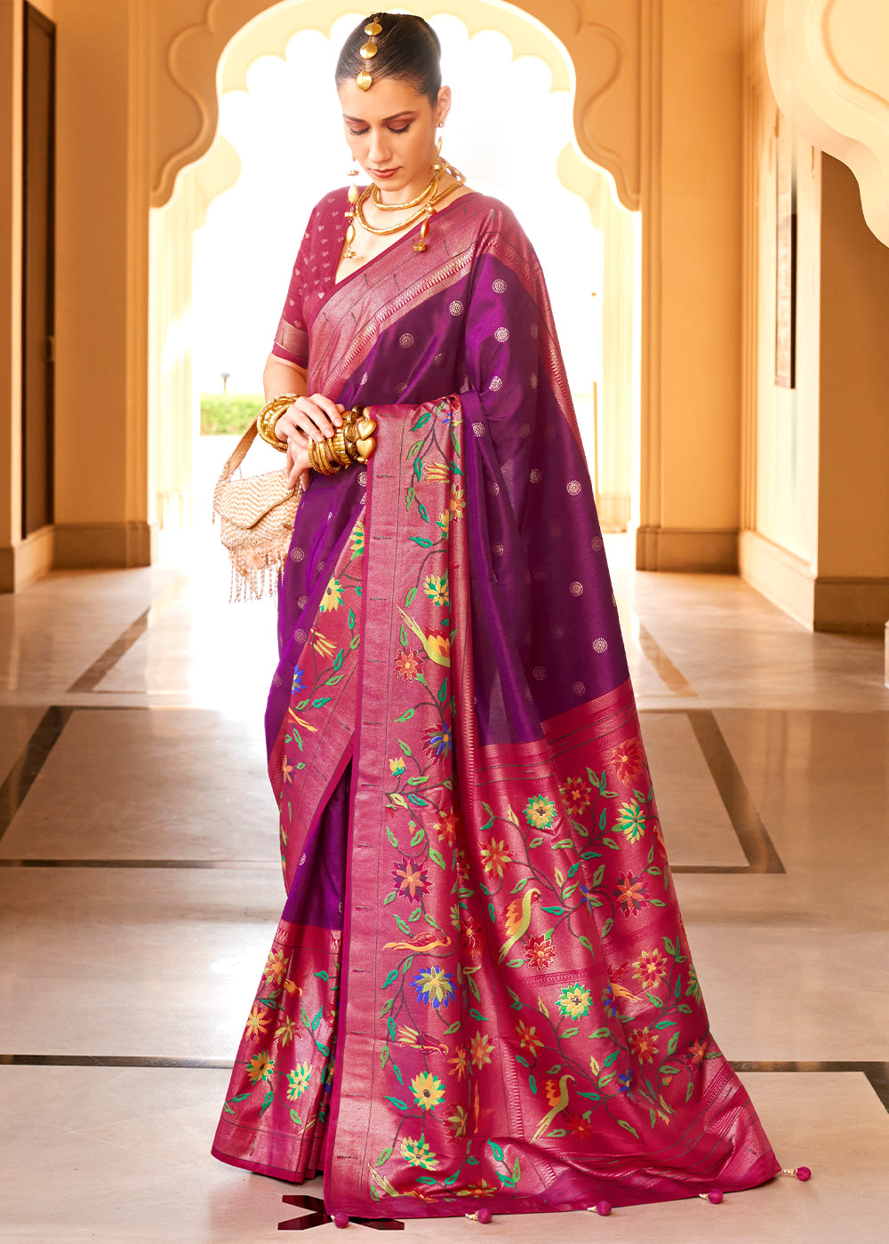 Purple & Pink Paithani Printed Silk Saree