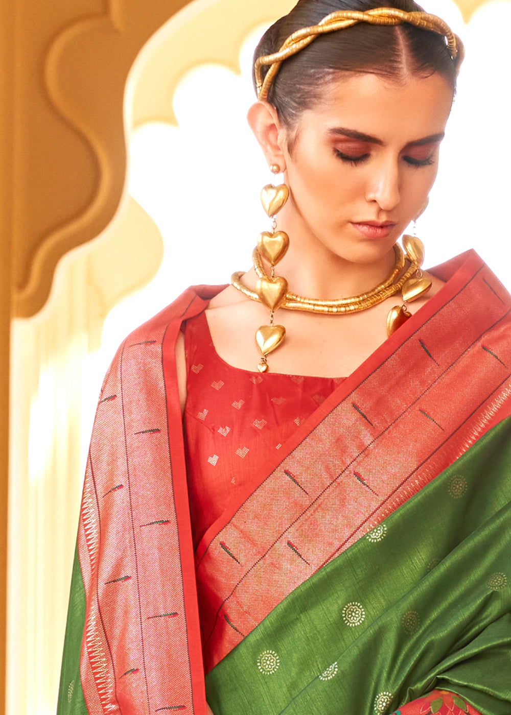 Green & Red Paithani Printed Silk Saree