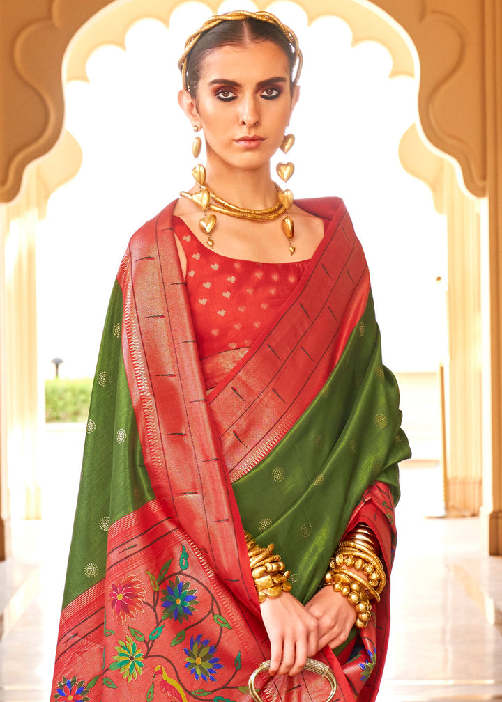 Green & Red Paithani Printed Silk Saree