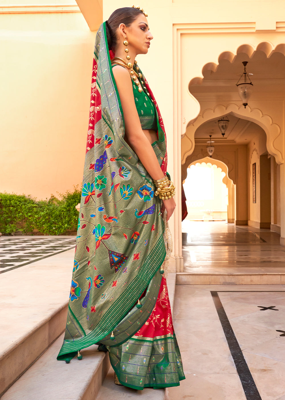 Red & Green Paithani Printed Silk Saree