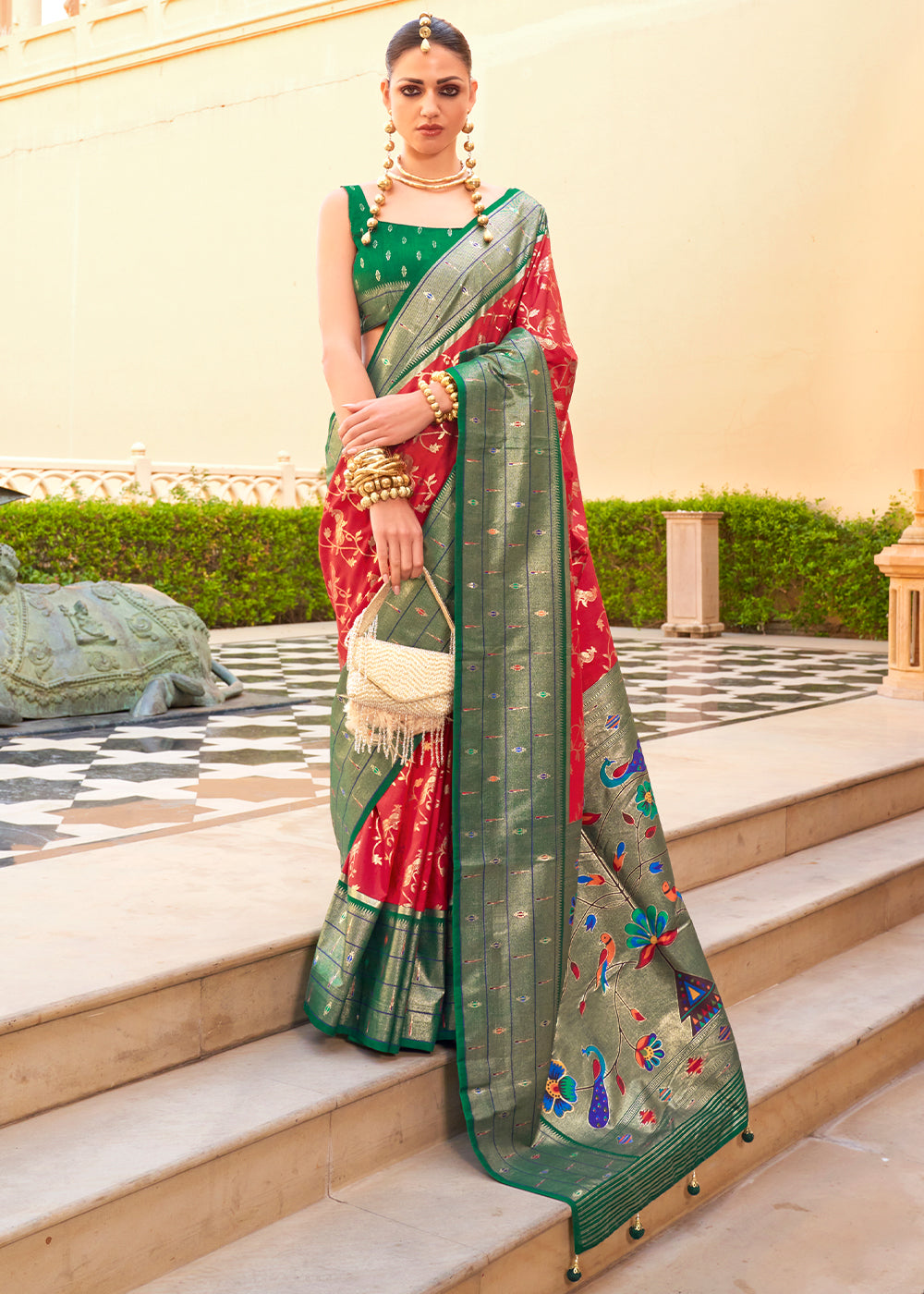 Red & Green Paithani Printed Silk Saree