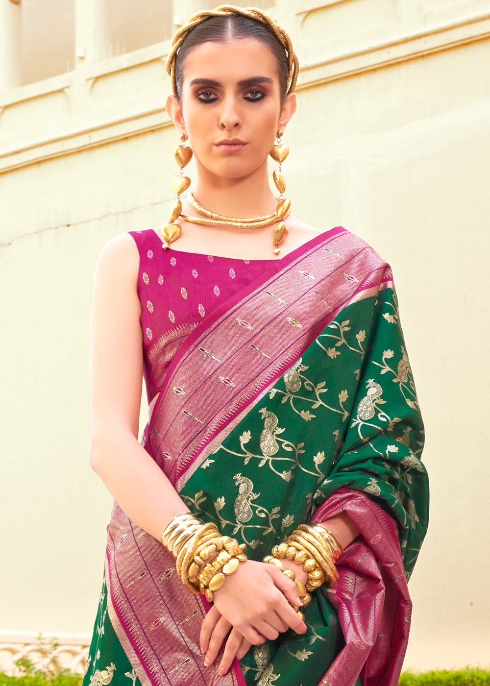 Green & Pink Paithani Printed Silk Saree