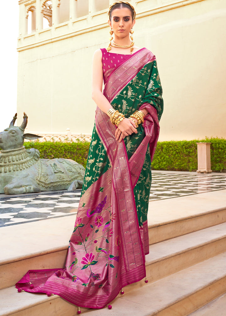 Green & Pink Paithani Printed Silk Saree