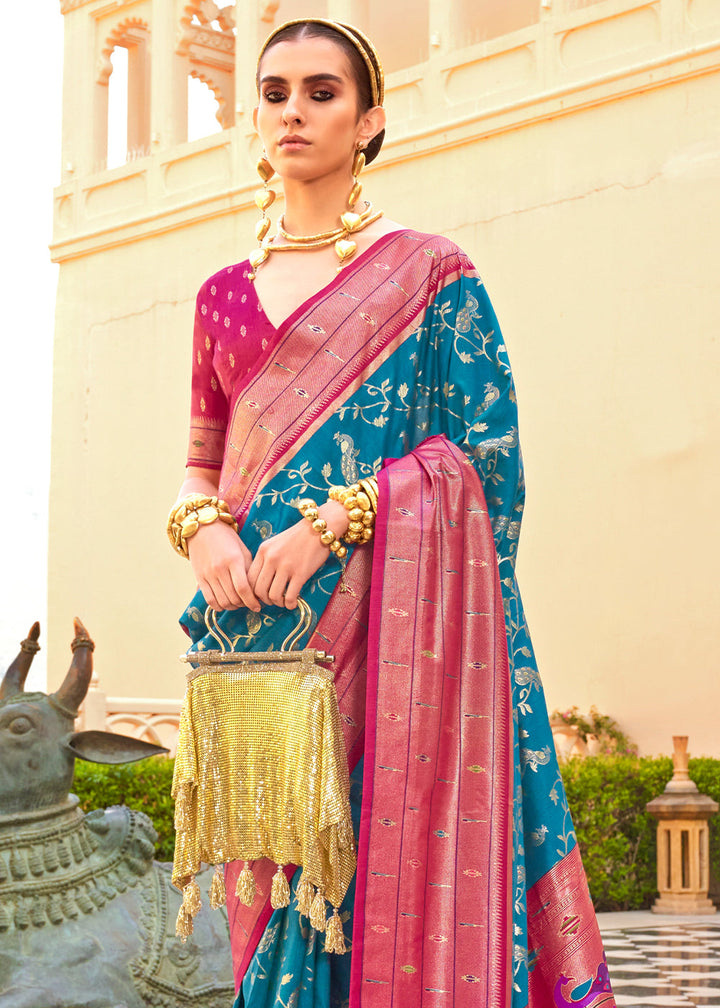 Blue & Pink Paithani Printed Silk Saree