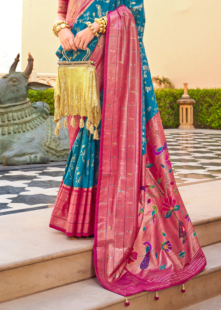 Blue & Pink Paithani Printed Silk Saree