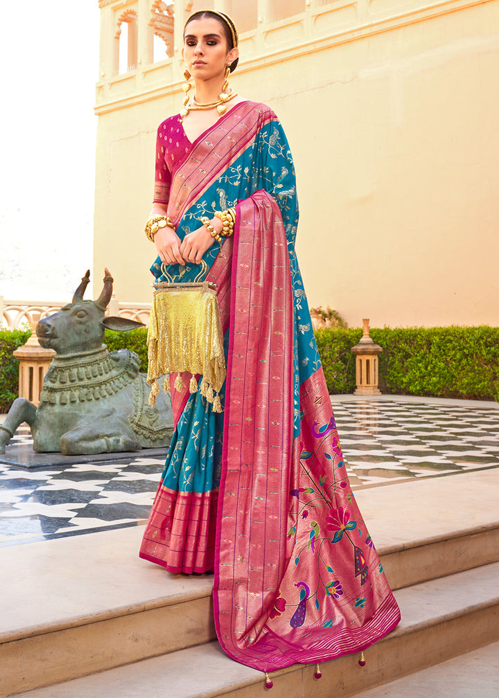 Blue & Pink Paithani Printed Silk Saree