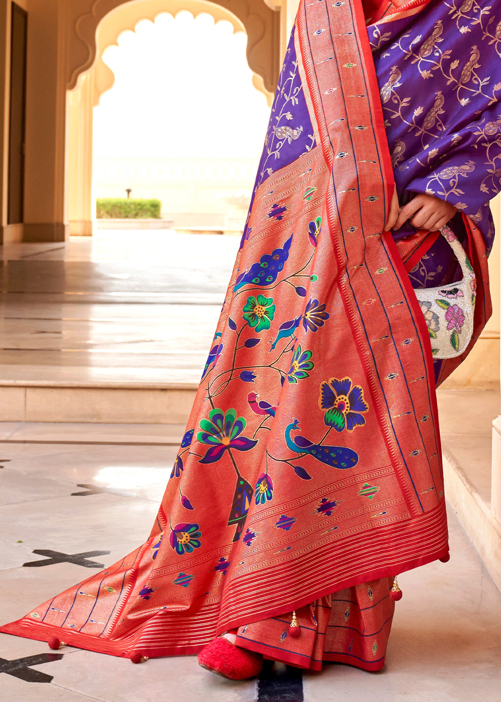 Purple & Red Paithani Printed Silk Saree