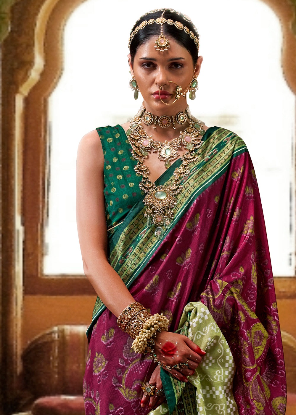 Purple & Green Traditional Patola Printed Silk Saree