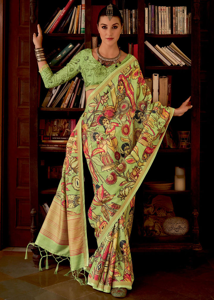 Avocado Green Kalamkari Printed Soft Silk Saree : Top Pick