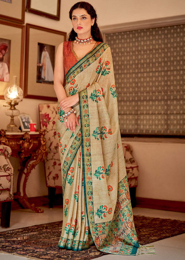 Beige Brown Designer Printed Silk Saree