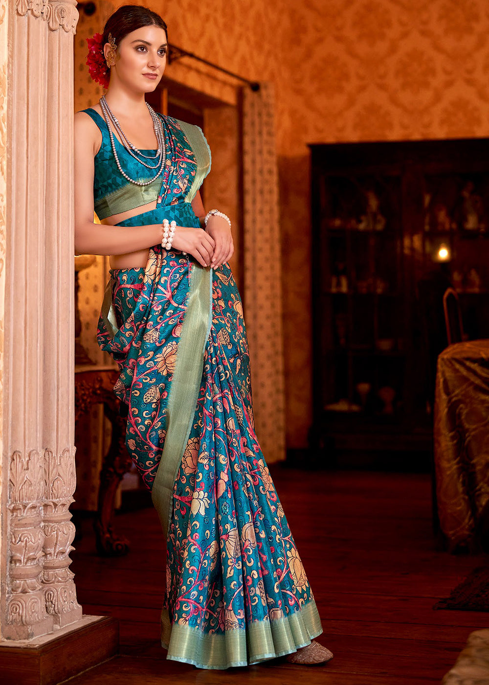 Cerulean Blue Floral Printed Manipuri Silk Saree