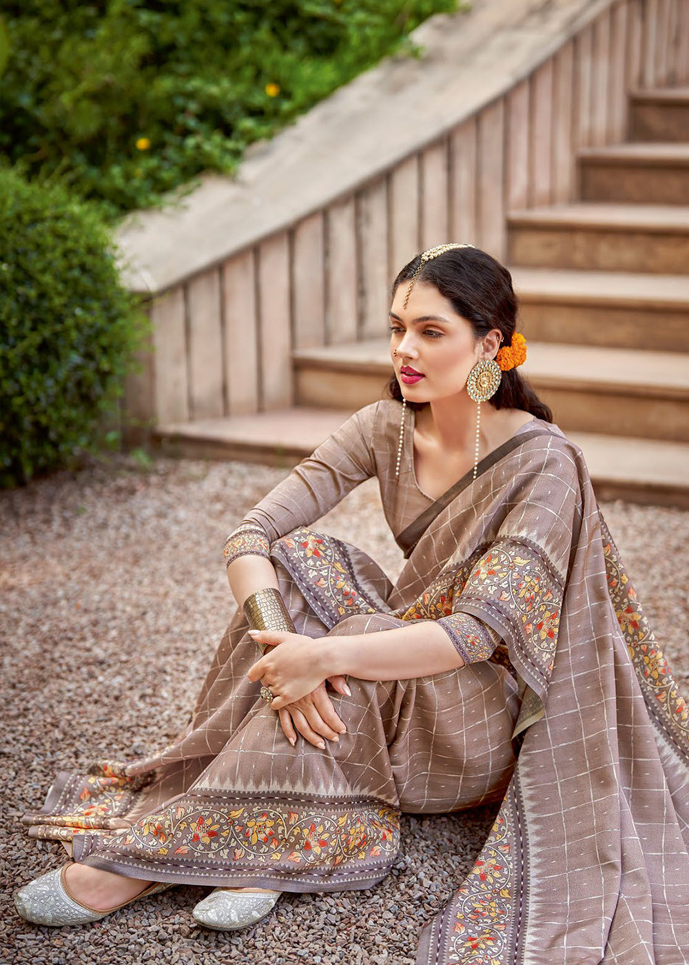 Taupe Brown Designer Printed Silk Saree