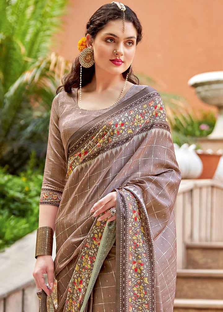 Taupe Brown Designer Printed Silk Saree