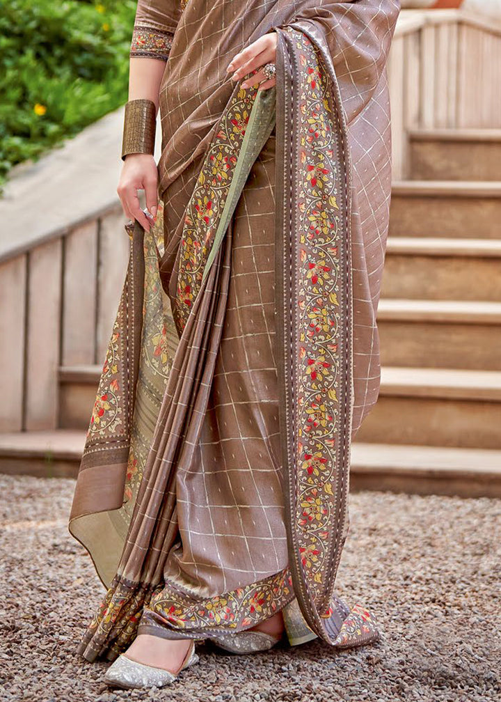 Taupe Brown Designer Printed Silk Saree